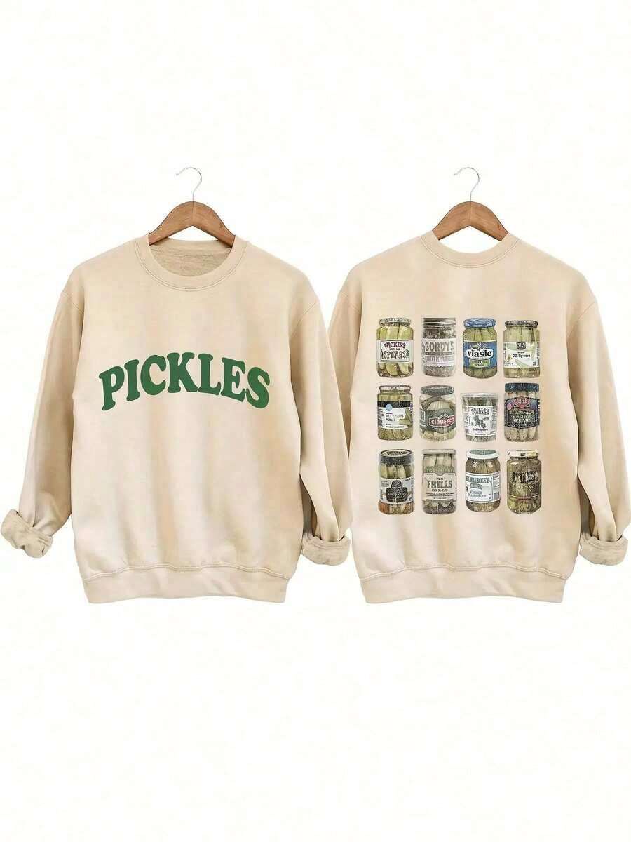 [Olive Green Sweatshirt] Soft Olive Green Crewneck Sweatshirt |     PICKLES Letter Print & Pickle Jar Graphic - Mid-Stretch Fabric, Machine Washable - 杏色 - 查看 1
