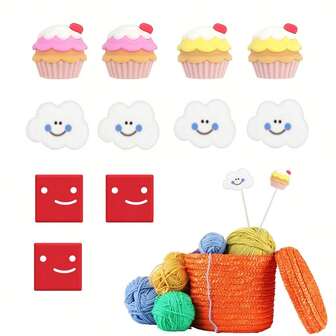 4-16 PCS Smiling Square,Cake-Shaped,Cloud-Shaped Colorful Knitting Needle Stoppers, Silicone Needle Point Protectors Small Knitting Tip Protectors Needle End Caps For Knitting Accessories And Gadgets.