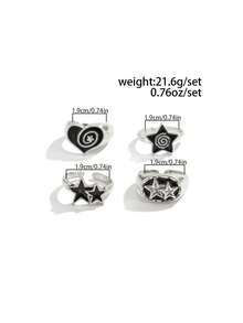 4pcs/Set Fashionable Punk Style Spiral Star & Heart Rings Set, Casual Everyday Wear For Men - Antique Silver - View 6