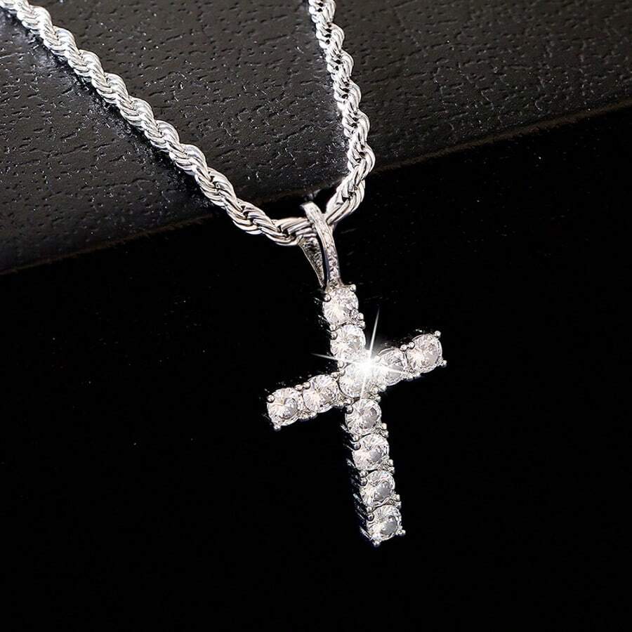 Cross-Border Best-Selling European And American Men's Necklace, Hip-Hop Cross Braid Necklace, Stainless Steel 18K Gold-Plated Rhinestone Necklace - Bạc - Xem 1