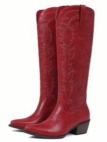 Knee High Western Boots For Women Retro Embroidered Cowboy Long Boots Outdoor Chunky Block Heeled Pointed Toe Side Zipper Cowgirl Boots Vintage Country Comfy Mid-Calf Embroidered Cowgirl Party Boots - Đỏ - Xem 11