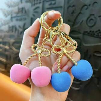 1pc Creative Adorable Flocked Cherry Keychain Car Key Ring Bag Pendant Suitable For Girls As Small Gifts