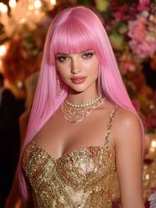 Wunderschöne 24 Zoll rosa Perücken für Frauen, lange gerade Perücken mit Pony, natürlich aussehende, weiche und hitzebeständige synthetische Fasern, für Cosplay oder Nachtclub-Looks, Musikfestival-Party-Verwendung