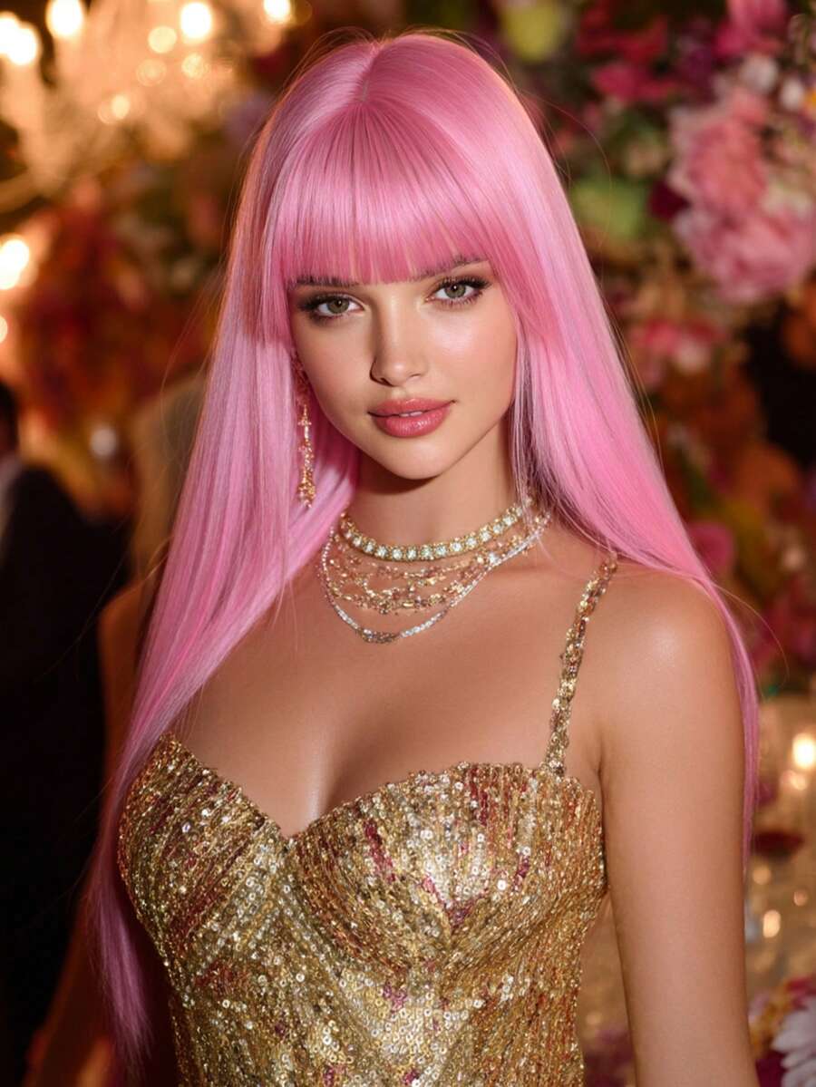 Wunderschöne 24 Zoll rosa Perücken für Frauen, lange gerade Perücken mit Pony, natürlich aussehende, weiche und hitzebeständige synthetische Fasern, für Cosplay oder Nachtclub-Looks, Musikfestival-Party-Verwendung