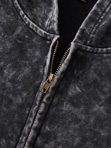 Men's Streetwear Style, Distressed Finish, Black Hooded Sweatshirt With Pockets And Zip-Up Design, Suitable For Everyday Casual Wear - Black - View 2