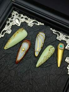 Cute Barquore Nail Art 10pcs Glossy Eye-Catching Luxurious Gold Armor French Middle Eastern And Western Gothic Palace Style Long Square Shaped Press On Nails . Bright Green Nail Face, 3D Hand Drawn Relief Craftsmanship, 3D Small Gold Beads Decoration, Unique Style, Eye-Catching Colors Suitable For Parties Women And Girls Wear With Free Gel Nail Kit. - Multicolor - View 4