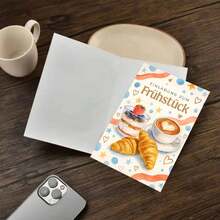 德国成人早餐邀请卡 - 酸奶芭菲、拿铁和羊角面包“Frühstück”问候语（含信封） - 彩色 - 查看 7