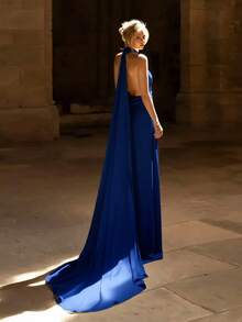 Basrey Nouvelle robe de soirée sirène élégante blanche à fines bretelles, col en V profond, taille haute, dos nu, en satin. Convient pour les mariages, les fêtes, les réceptions, la Saint-Valentin et d'autres occasions - bleu indigo - Voir 5