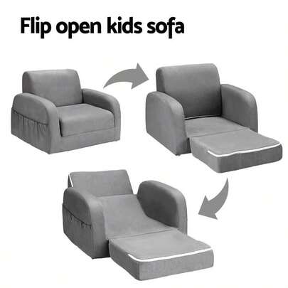 Kids Sofa 1 Seater Children Flip Open Couch Lounger Armchair Soft Grey
