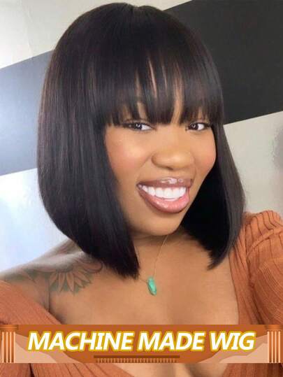 Perruque carré court en cheveux humains sans colle, à porter et à partir. Perruque avec frange en cheveux humains pour femmes, cheveux brésiliens raides, sans dentelle frontale, noir naturel, densité de 150%