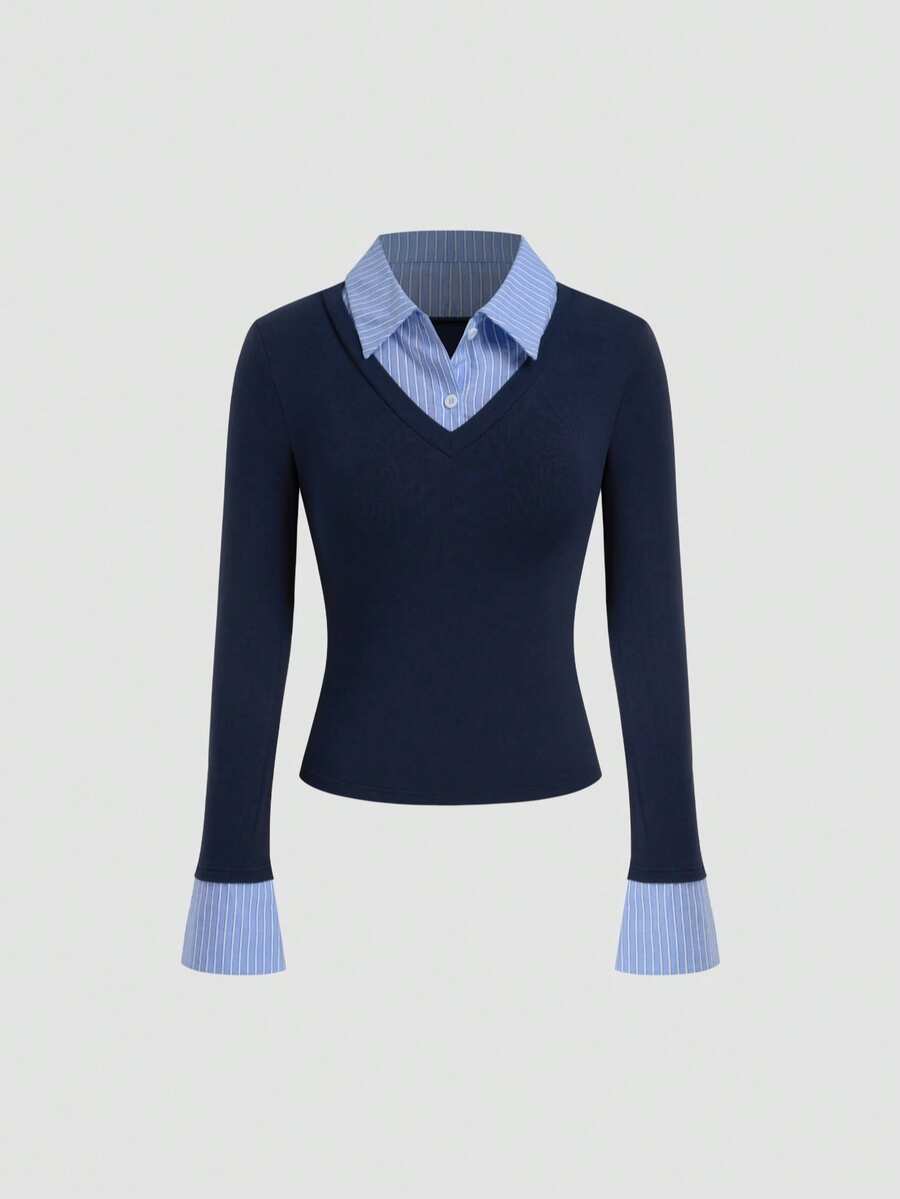 Blusa de manga comprida moderna com estampa listrada e gola em mistura de algodão, modelagem slim e estilo slim. - Azul marinho - Ver 1