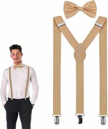 Tirantes de los hombres, Set De Tirantes Sujetadores Y Moño Unisex, Set o Kit de Moño y Tirantes para Hombre, Tirantes de Clip Resistentes en Y Ajustables para Informal y Formal - Beis - Ver 10