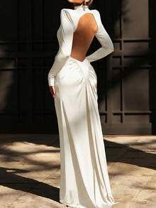 Sedessea Solid Color Elegant Ruffled Hollow Out Drape Wedding Party Dress - Apricot - View 2