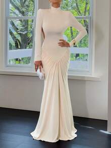 Sedessea Solid Color Elegant Ruffled Hollow Out Drape Wedding Party Dress - Apricot - View 7