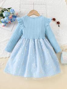 女童拉绒罗纹盖袖圆领长袖雪花网眼连衣裙，秋冬 - 淺藍色 - 查看 2