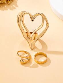 3pcs/Set Women's Adjustable Open Ring, Fashionable Street Hip-Hop Style, Suitable For Daily Wear - Heart-shaped Gold - View 6