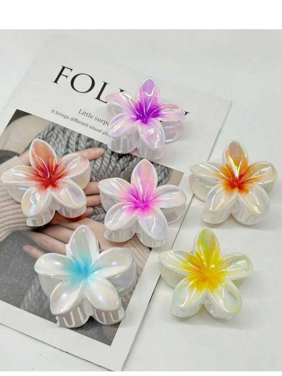 6pcs/1pc Multi-Functional Egg-Shaped Floral Hair Claw Clips, Hair Accessories, Headpieces, Tropical Print, Boho Style, Casual, Party, Streetwear, ABS Plastic Hair Claws, Hair Clips, Suitable For All Seasons, Can Securely Fix Buns, Firmly Hold Hair, Suitable For Women & Girls Daily Use, Festivals, Parties, Gifts, Non-Slip, Suitable For Thick & Thin Hair Flower Hair Clip Summer - Multicolor - View 1