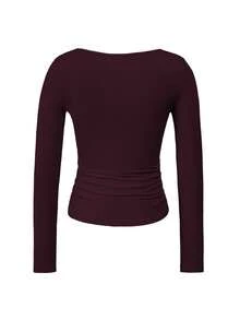 Vaiaye 女士春夏 Y2K 方领长袖修身 T 恤，纯色性感上衣，适合情人节休闲穿着 - 紫紅色 - 查看 4