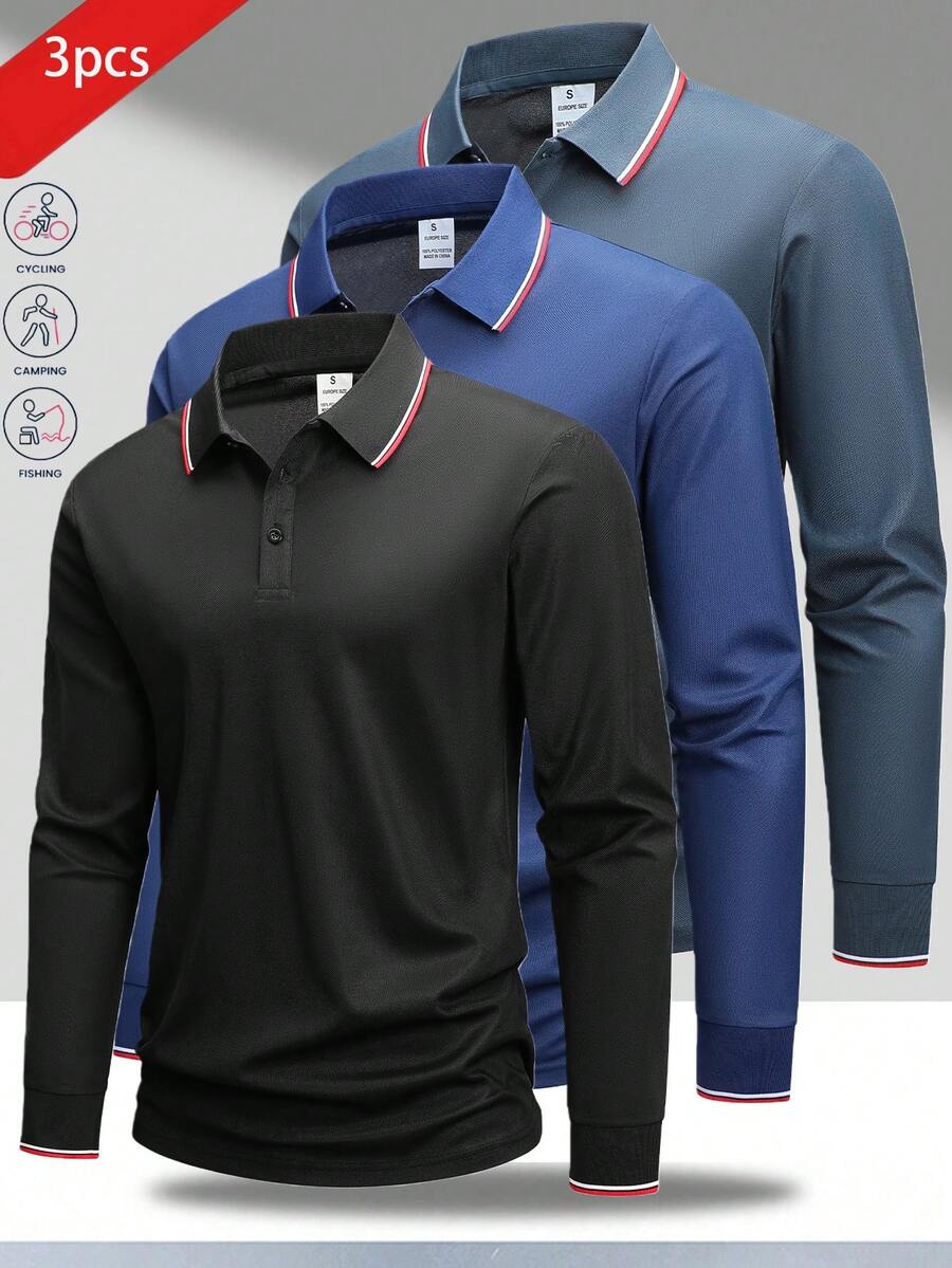 Bộ 3 áo thun Polo dài tay thoáng khí dành cho nam dùng khi chạy bộ, tập thể dục, chơi gôn, thể thao thường ngày, mùa xuân và mùa thu - Nhiều màu - Xem 1