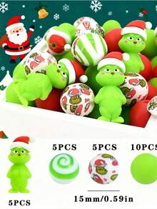 33 Pieces  Official Christmas Green Face Silicone Beads - Cute Design, Colorful Combination, Suitable For DIY Crafts, Keychains, And Pen Charms |   Fun And Durable Holiday Gift Ideas, Christmas Crafts, Holiday Decorations, Fun Ornaments, High-Quality Ornaments, Smooth Texture, Handmade Materials, Christmas And Halloween Gifts For Handicraft Lovers