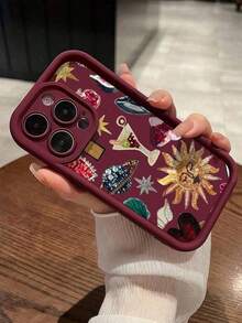 1pc Retro Funda de Teléfono Acolchada con Rhinestone y Granate Integrada Anti-Caída Compatible con Apple 16, 15, 14, 13, 12, 11 Pro Max y SeriesCarcasa de teléfono artística - vino tinto - Ver 6