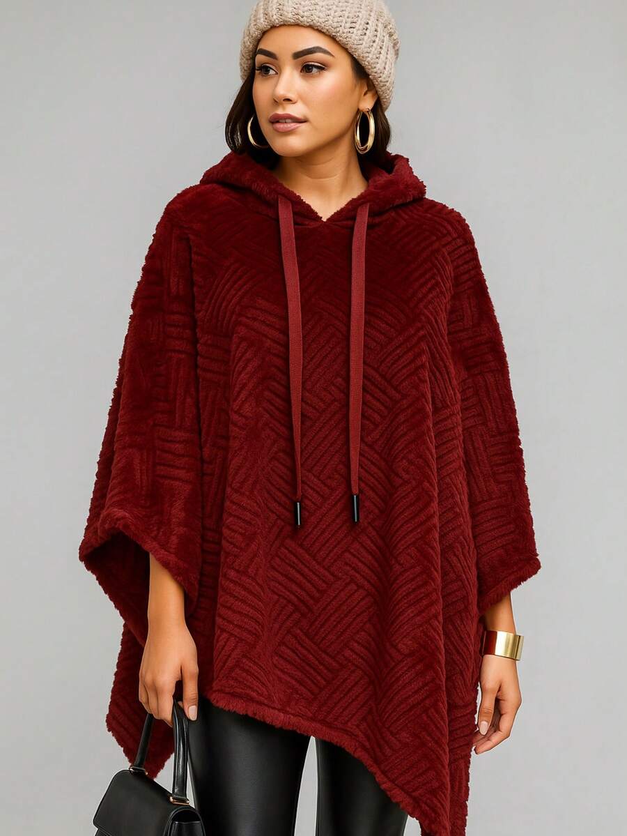 Capa poncho asimétrico largo con capucha para mujer, estilo casual, con detalles de cordón ligero sin forro - Vino - Ver 1