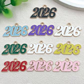 10pcs Colorful Alloy 2026 Drip Oil Pendant, DIY For Necklace, Bracelet, Earrings, Keychain, Bag Decor, Elegant Small Accessory For New Year