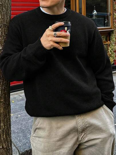 بلوفر كنزة رجالي كاجوال فضفاض بسيط للتنقل، جودة عالية، لون أحادي، كم طويل، رقبة طاقم، خريف/شتاء