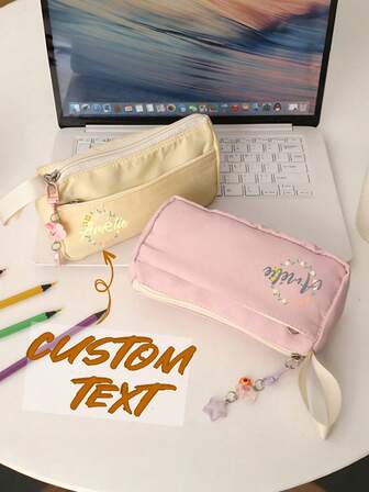 Customizable Personalized Text Pen Bag - Ins Style Large Capacity, Cute Stationery Pouch With Charm Pendant, Fashionable Aesthetic Design, Durable & Lightweight, Logo Printing Service, Must-Have For Students