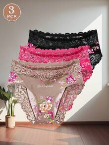 QUASTI 3 Stücke Damen-Höschen-Set: Romantischer Blume Muster, sexy Spitzenbesatz, angenehmer Stoff, hautfreundlich und atmungsaktiv. Eine perfekte Geschenkidee. - Verschiedenfarbig - Übersicht 6