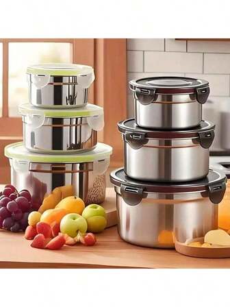 Set de 3 recipientes de almacenamiento de alimentos de acero inoxidable, a prueba de fugas, reutilizables con tapas, cajas bento redondas multipropósito para preservación de alimentos frescos, solo lavar a mano