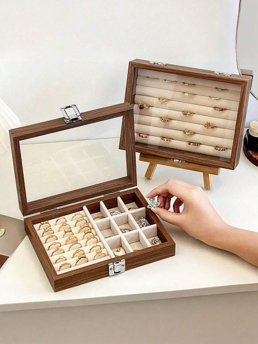 1pc Luxury Black Walnut Wood Jewelry Box, Wooden Skylight Jewelry Box With Lock, Flannel Lined Jewelry Box, Transparent Dustproof Jewelry Box, Desktop Jewelry Storage Box, Large Capacity Anti-Oxidation Jewelry Storage Box, Jewelry Storage Display Organizer - Multicolor - View 1