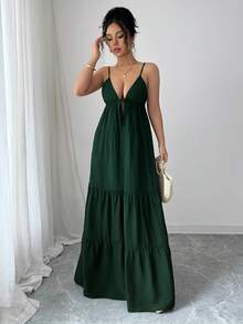LilyHouse Women's Long Dress, Elegant & Fashionable, Beach Vacation Style, V-Neck Spaghetti Strap Flowy Dress Design, Suitable For Daily Dates, Beach Vacation, Festivals, Weddings, Elegant Parties, Graduations, Valentine's Day Outfit - Green - View 5