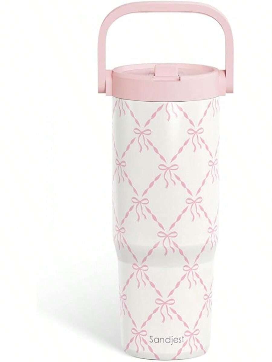 Pink Bow Stainless Steel Straw Lid Tumbler 30oz With Carry Handle For Women Girls, Insulated Travel Coffee Cup, Gift For Sports Outdoor Workout Christmas Birthday - 弓3 - 查看 1