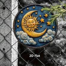 [2D Flat] 1pc Vintage Sun & Moon Metal Wall Art - 8x8 Inch Aluminum Sign With Celestial Design, Golden Sunburst & Stars - 彩色 - 查看 6