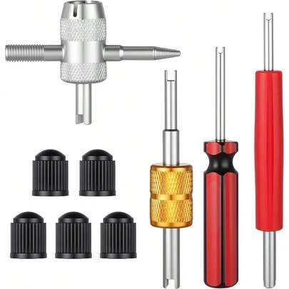 9Pcs Core Removal Multi Function Spool Removal And Installation Dual Single Tire Stem Tools 4 - Way Valves Stem Wrench Extractor Car Truck Conditioner With Dust Caps