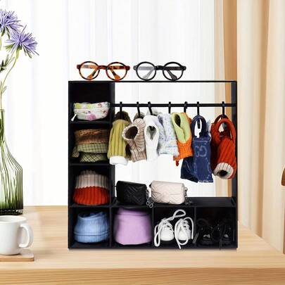 Doll Display Rack, Action Figure Clothing Storage Box, Compartment Design, With Hooks Divider Design, For Organizing And Displaying, Perfect For Doll Collection And Exhibition.