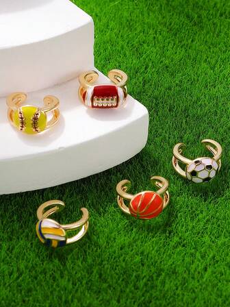 5/1件 时尚创意滴油球运动夹式耳环，足球、棒球、篮球、排球元素，适合女性佩戴