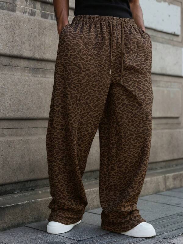 بنطلون رجالي كاجوال مستقيم الساق فضفاض بطبعة نمر، مناسب للربيع/الخريف، بنطلون رياضي مريح للارتداء اليومي، المواعيد، الخروجات، الملابس الشارعية الرجعية، متعدد الاستخدامات