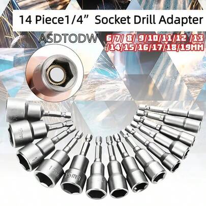 Bộ 14 đầu vặn từ tính kèm tua vít chuôi lục giác và bộ chuyển đổi kéo dài - Tua vít đai ốc bằng thép đánh bóng cho máy khoan điện và cờ lê, hoàn hảo cho mục đích tự làm và sử dụng chuyên nghiệp, Bộ tua vít chuôi lục giác tự làm | Đầu vặn lục giác | Kết cấu thép bền, Cờ lê ổ cắm