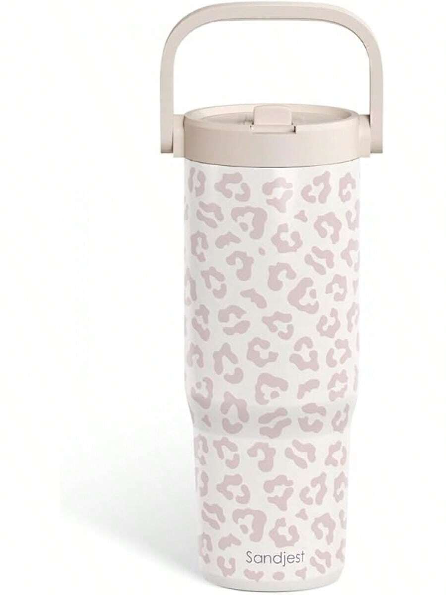 Pink Bow Stainless Steel Straw Lid Tumbler 30oz With Carry Handle For Women Girls, Insulated Travel Coffee Cup, Gift For Sports Outdoor Workout Christmas Birthday - 豹紋3 - 查看 1
