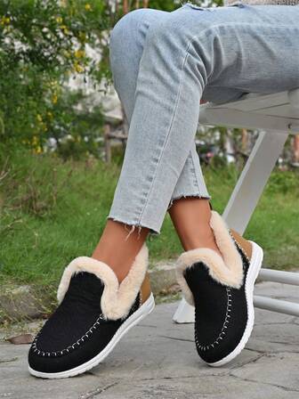 2025 Women's Retro Comfortable Plush Patchwork Flat Shoes, Black, Warm Lining, Round Toe, Low-Top Casual Shoes, Suitable For Daily Wear, Shopping, Dating, Work, Christmas, New Year, Women's Day