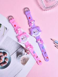 2pcs/Set Girls Cartoon Cute Winking Cat Soft Silicone Strap Children's Pointer Watch, Student Creative Animal Pattern Quartz Wristwatch - Multicolor - View 6
