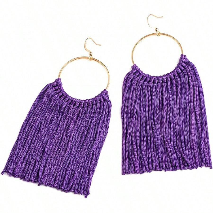 Boho Tassel Earrings Women - Statement Fringe Hoop Earrings, Western Earrings - 紫色 - 查看 1