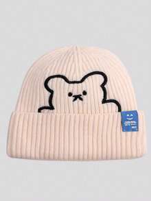 1pcPerfect For Winter, Cute And Versatile Bear Embroidered Woolen Hat, Fashionable And Warm Earmuffs, Knitted Hat With Cloth Label, Suitable For Boys And Girls To Wear In Autumn And Winter