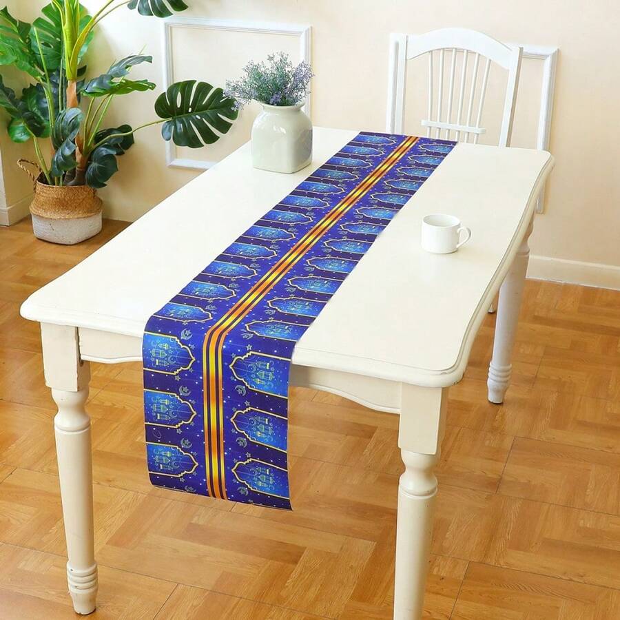 1 pieza Camino de mesa rectangular de poliéster con diseño impreso de luna y estrellas, adecuado para festivales, reuniones y decoración del hogar árabes/islámicos
