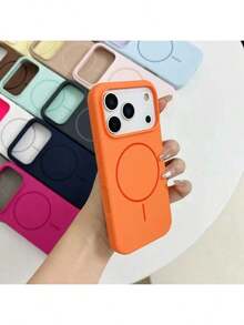 奢华亮面荧光液态硅胶手机壳，兼容 17 Air、16、15、14、13、12、17 Pro Max Plus，带磁吸软盖 - 橘色 - 查看 4