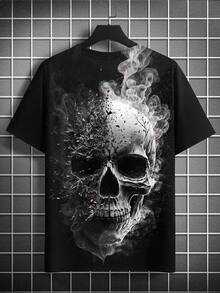 男士暗黑风格骷髅印花短袖圆领T恤 - 黑色 - 查看 2