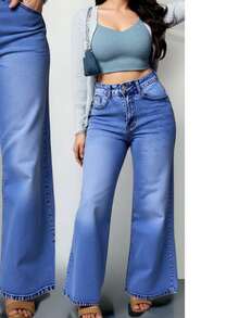 pantalon jeans mujer dama wide leg, recto, pierna ancha, pierna recta, moda stretch comodo, mom - Azul - Ver 3