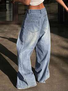 女士休闲浅蓝色牛仔裤，阔腿设计，无弹力面料，长款宽松版型，时尚百搭，带纽扣和拉链口袋。 - 淺色水洗藍 - 查看 4